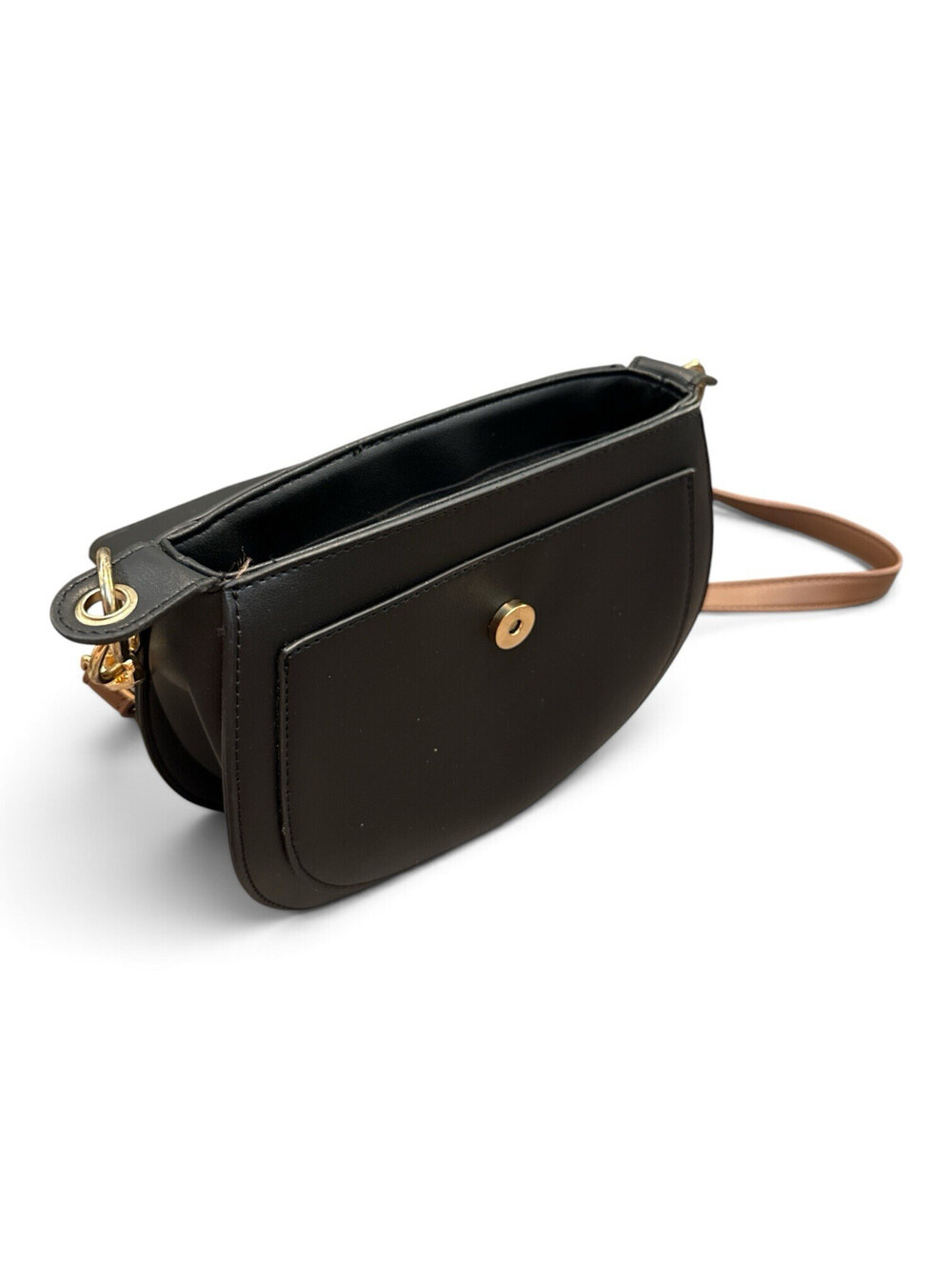Black Crescent Crossbody Bag Small Magnetic Closure Gold Hardware Brown Strap